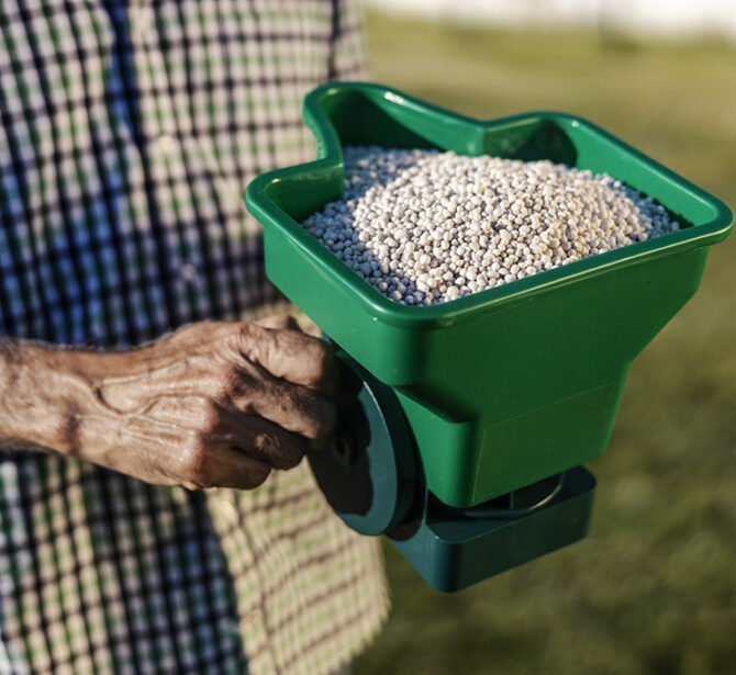 Cropped picture of an unrecognizable senior man fertilizing lawn.